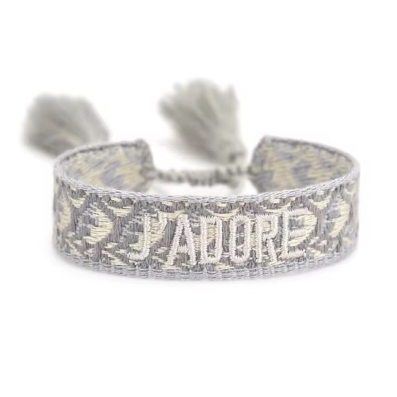 J’ADORE Elegant grey blue silver Woven Bracelet cotton tassels logo soft - Picture 2 of 6